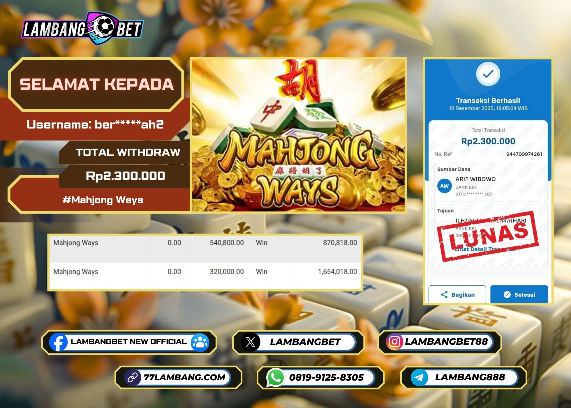 LAMBANGBET [12 DESEMBER 2025] JACKPOT SLOT Mahjong Ways "Rp2.300.000" LUNAS